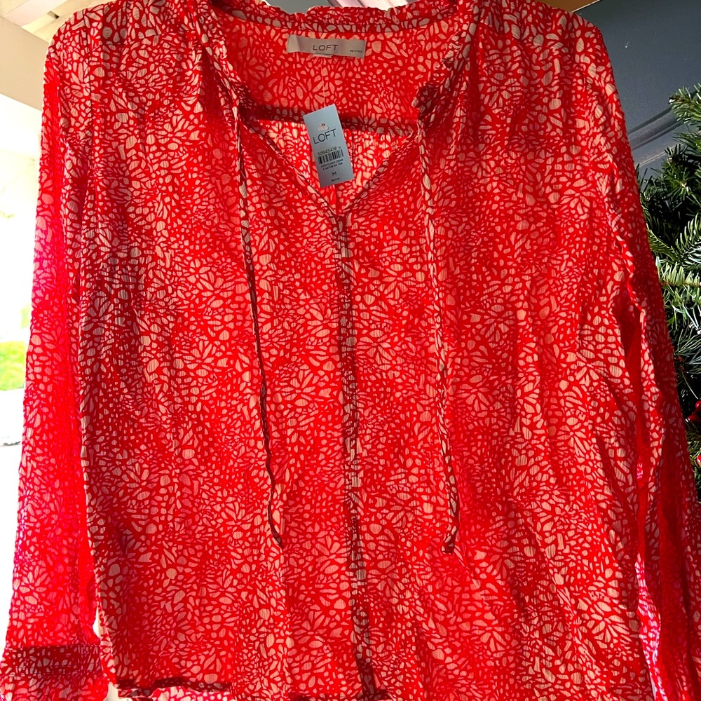 Red and white long sleeve, blouse button-down